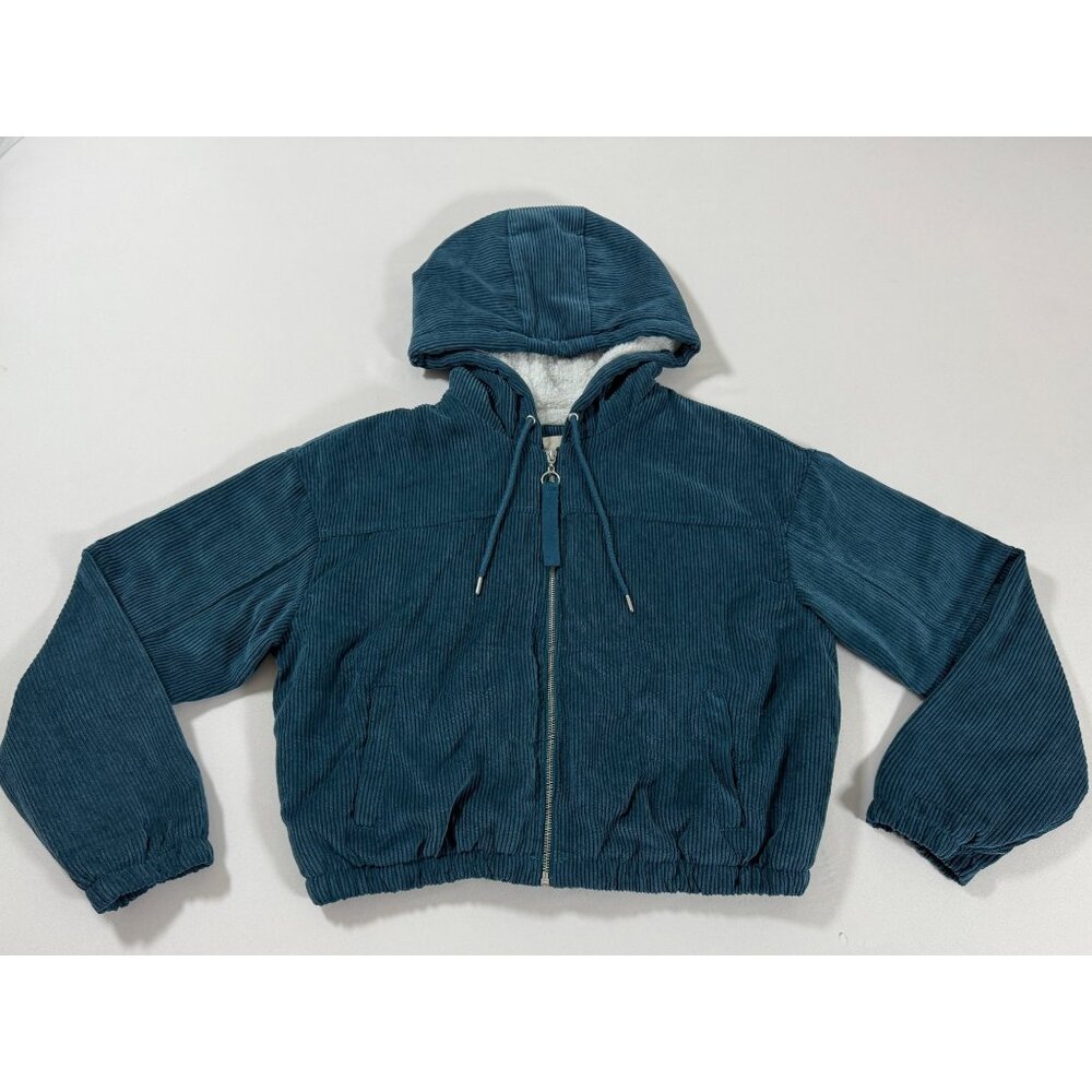 Women’s Y2K Teal Corduroy Sherpa Lined Zip Hoodie Jacket Large Cozy‎ Retro Soft
